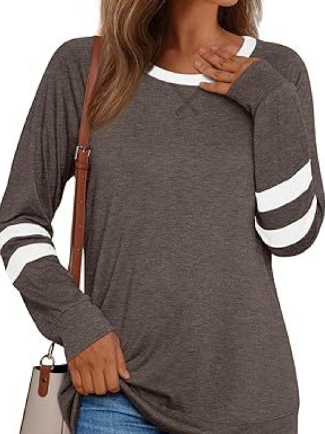 Striped Sleeve Long Sleeve Tee | Casual Round Neck Top