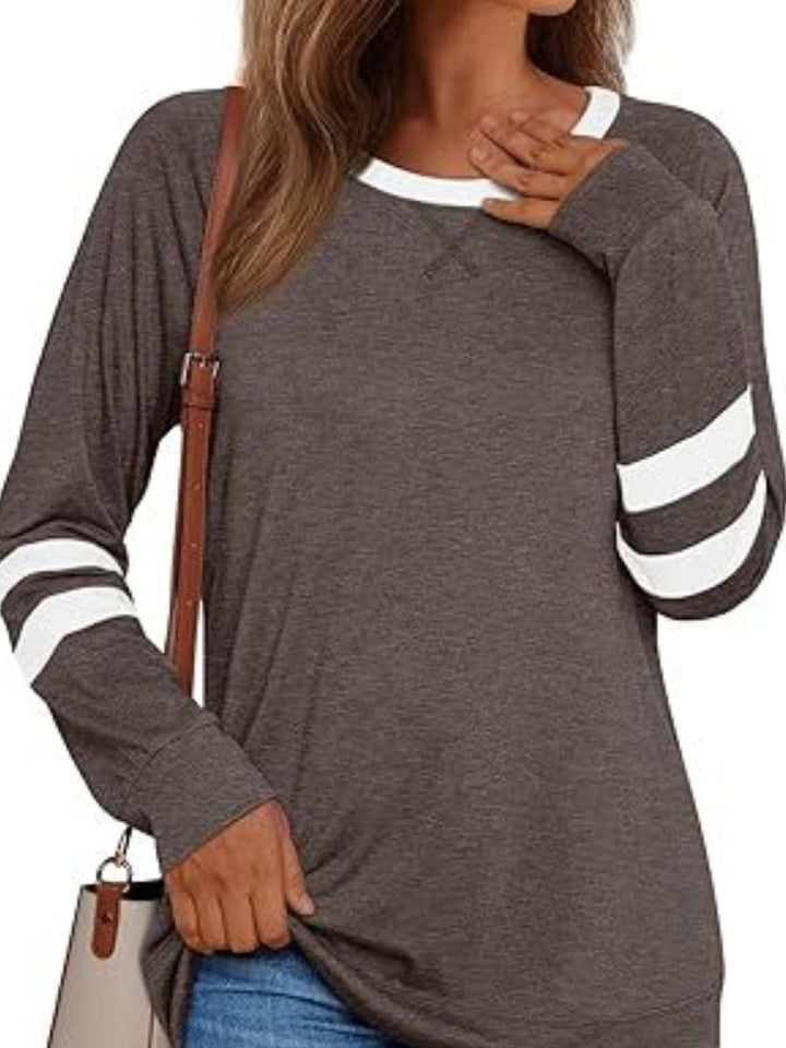 Striped Sleeve Long Sleeve Tee | Casual Round Neck Top