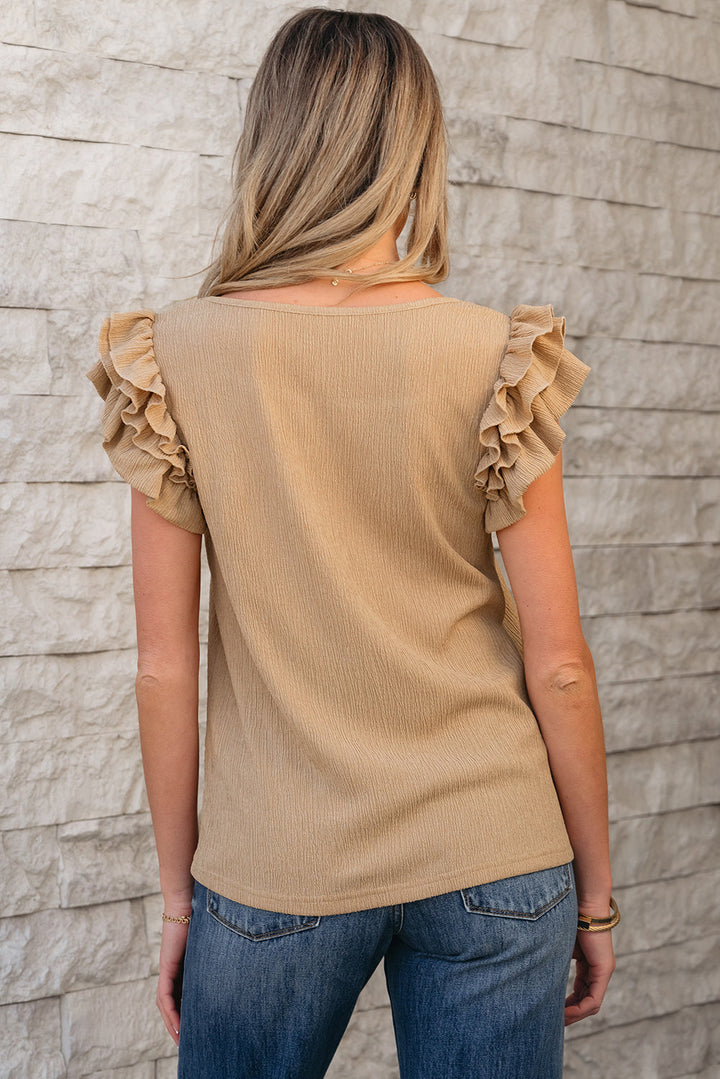 Square Neck Textured Ruffle Sleeve Blouse