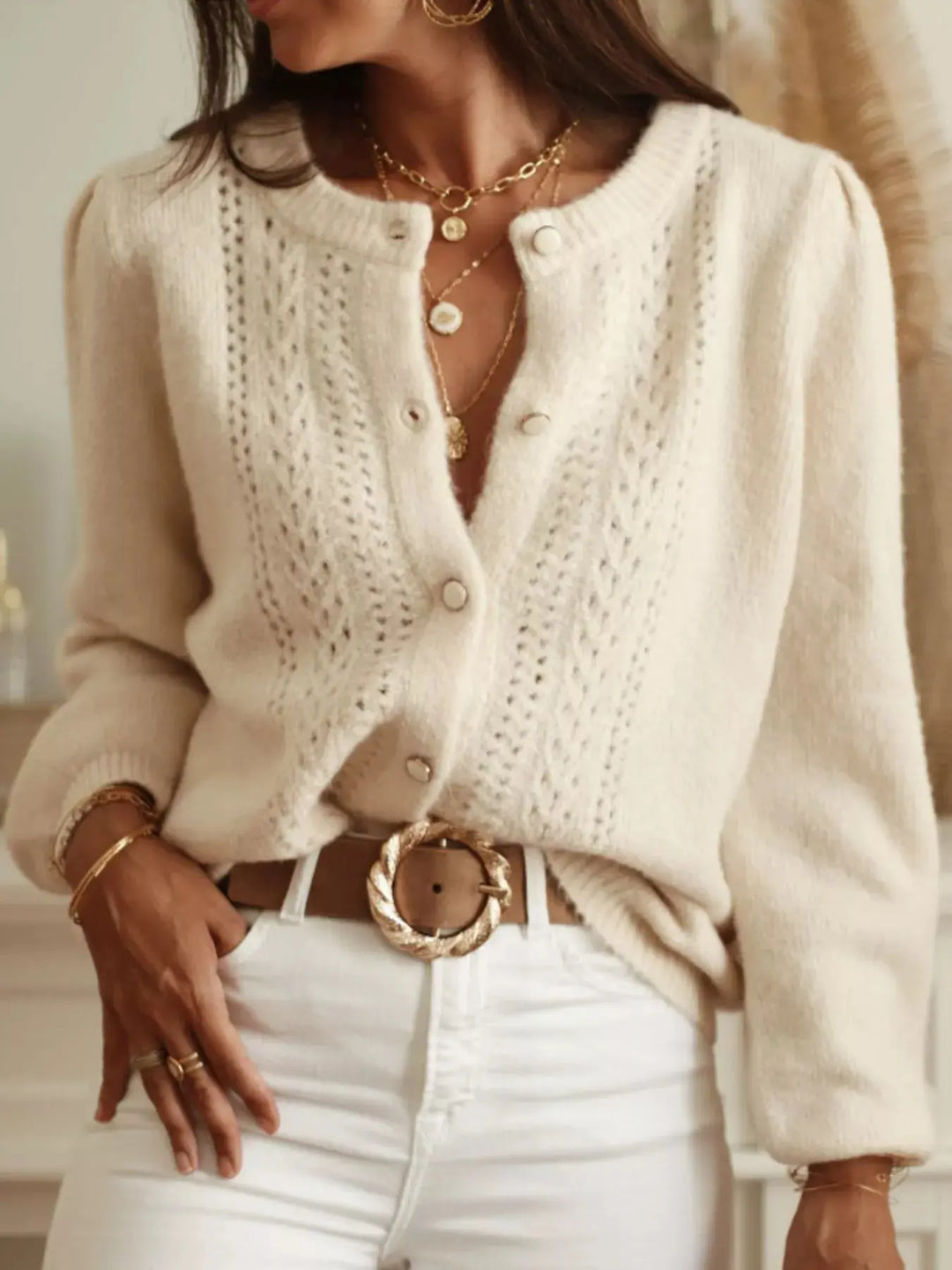 Ivory Knit Button-Up Long Sleeve Cardigan