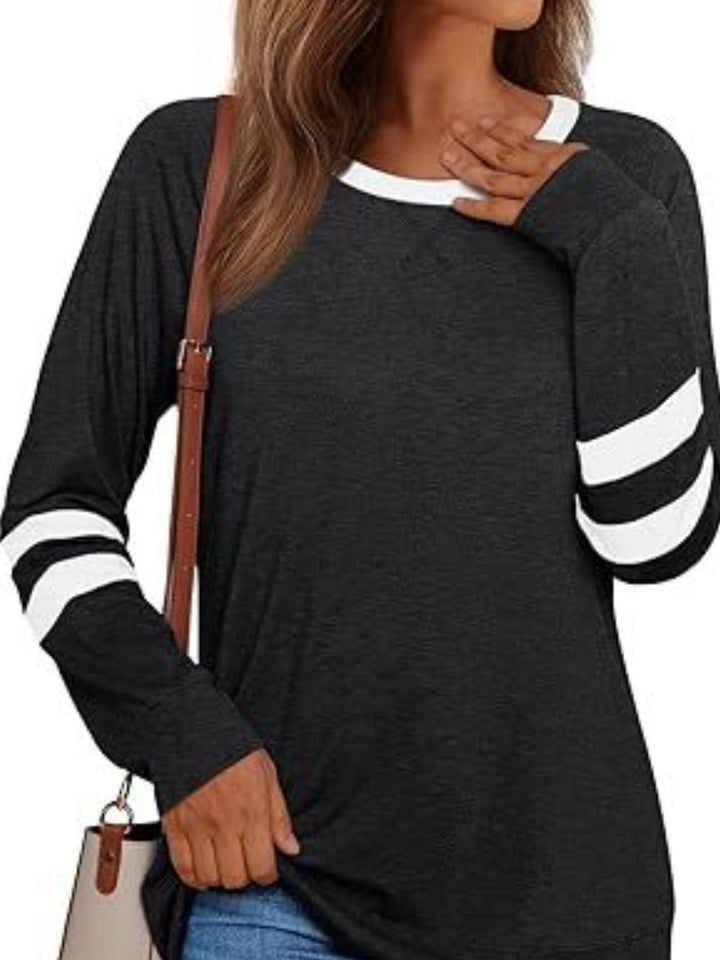 Striped Sleeve Long Sleeve Tee | Casual Round Neck Top