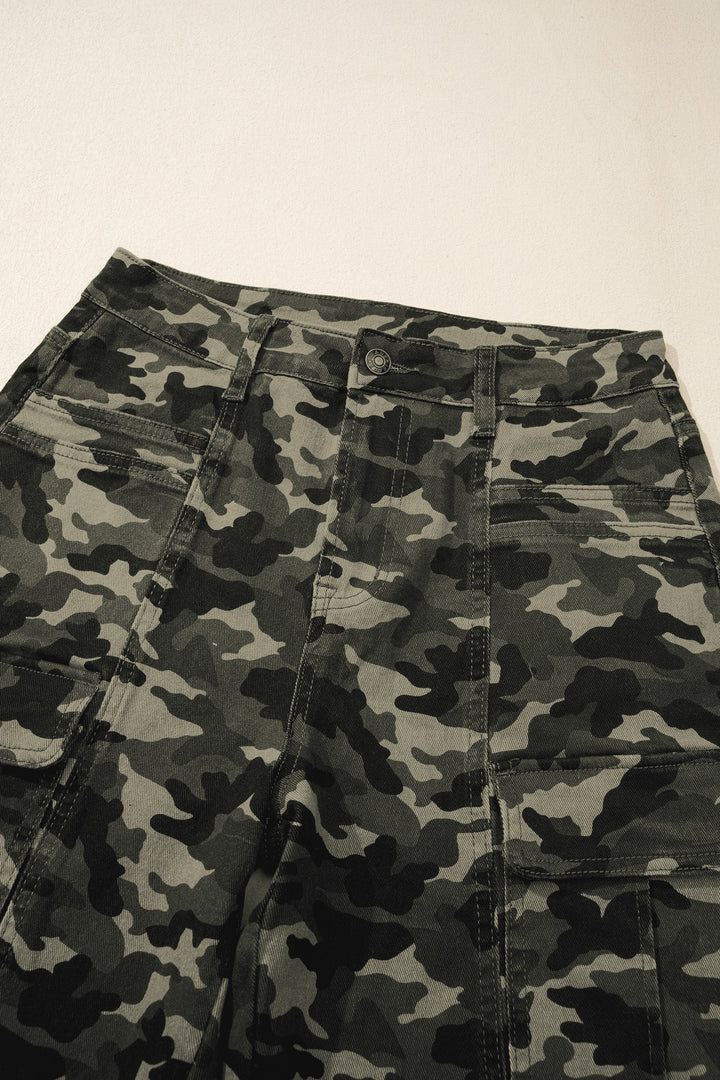 Camo Denim Cargo Pocket Wide Leg Pants