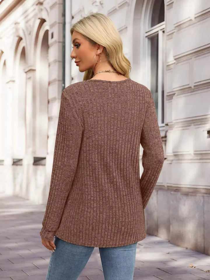 Ribbed Knit Button-Front Long Sleeve Top