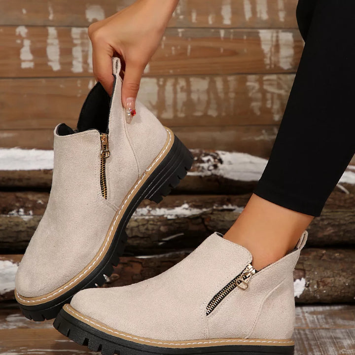 Side-Zip Suede Ankle Boots with Mid Heel