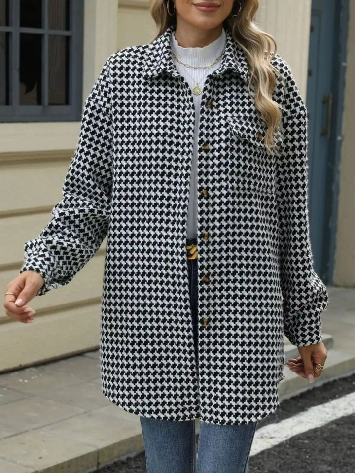Houndstooth Longline Coat | Button-Up Long Sleeve Jacket