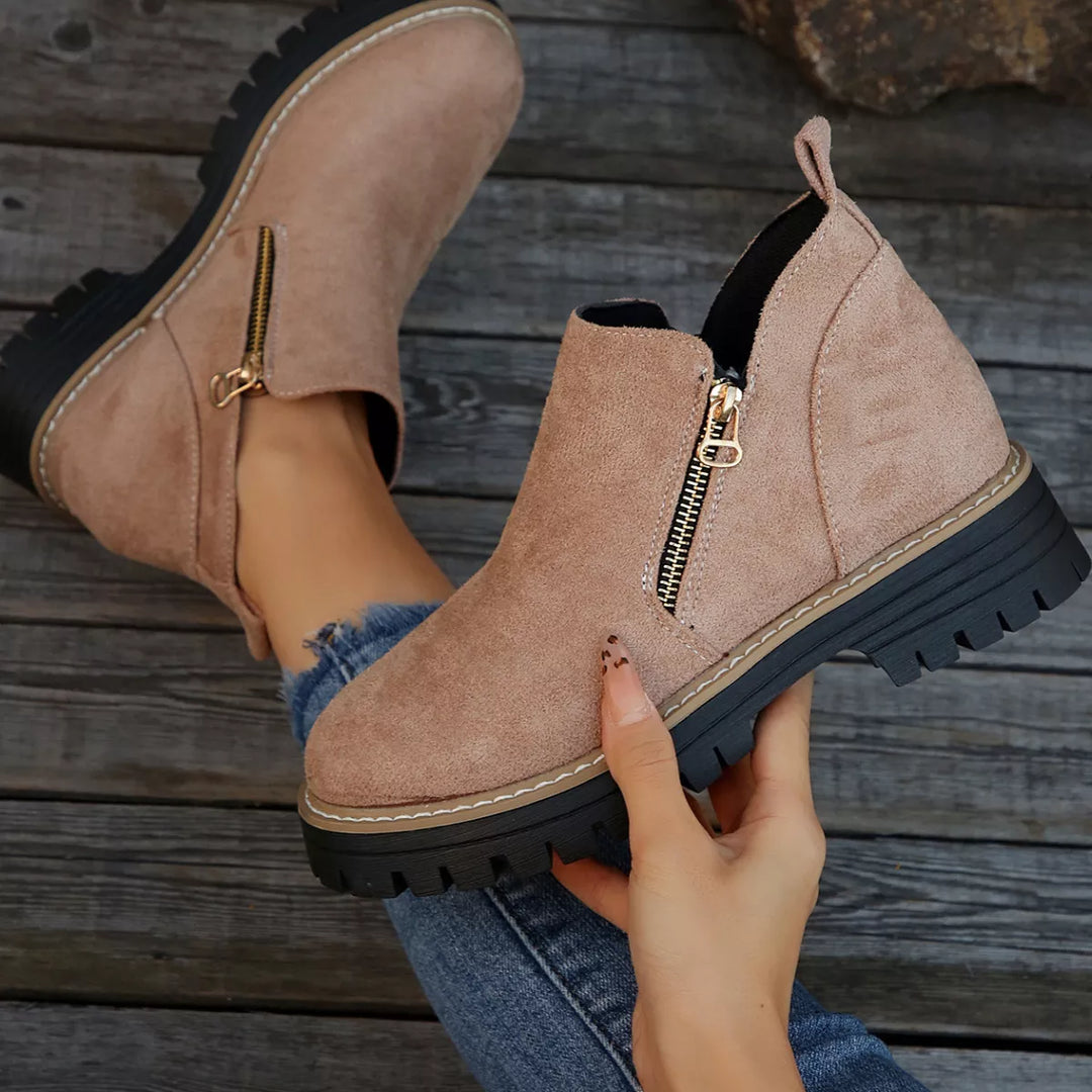 Faux-Fur-Lined Suede Ankle Boots with Zipper Detail