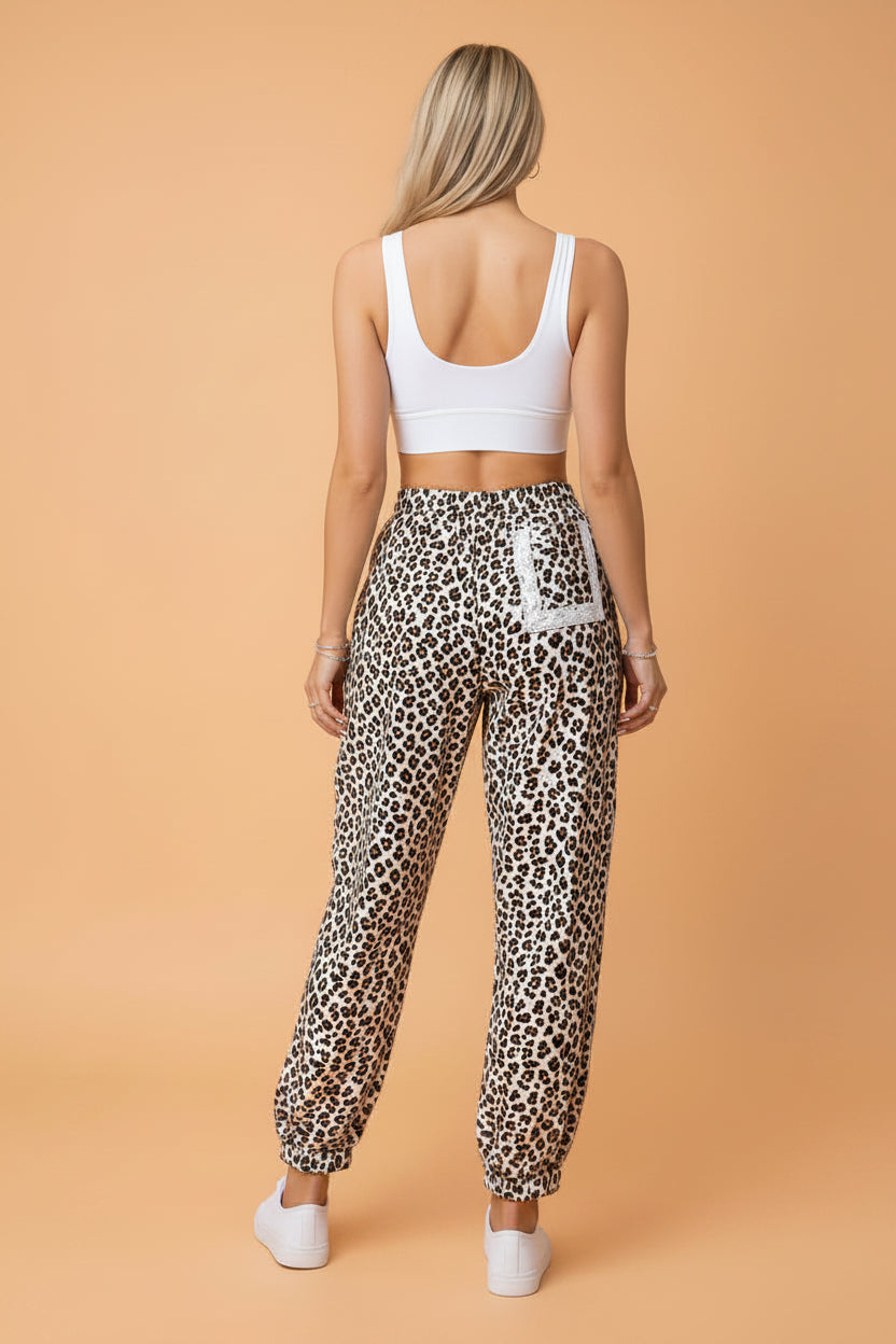 Leopard Print Jogger Pants with Elastic Waist &amp; Side Stripe