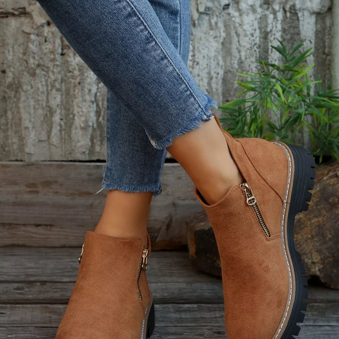 Faux-Fur-Lined Suede Ankle Boots with Zipper Detail