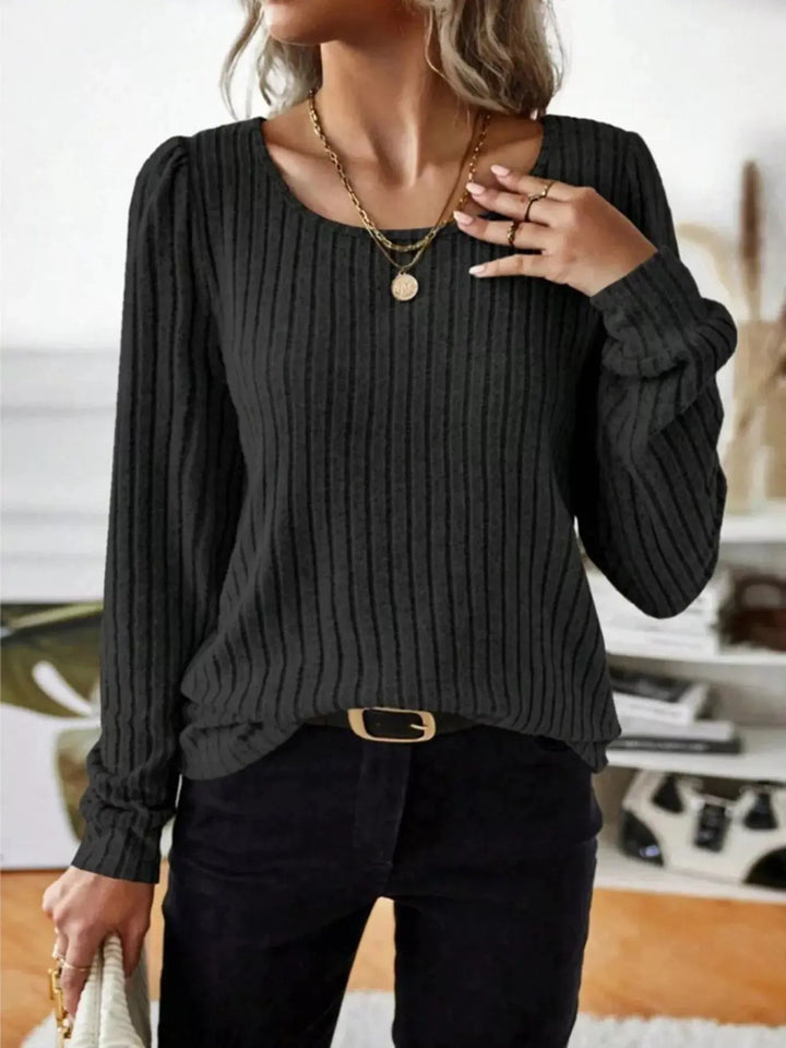 Ribbed Knit Puff Shoulder Long Sleeve Top