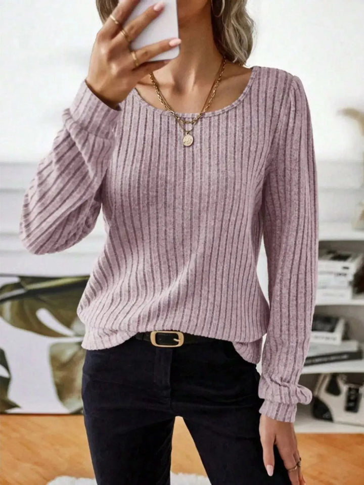 Ribbed Knit Puff Shoulder Long Sleeve Top