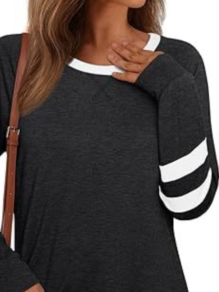 Striped Sleeve Long Sleeve Tee | Casual Round Neck Top
