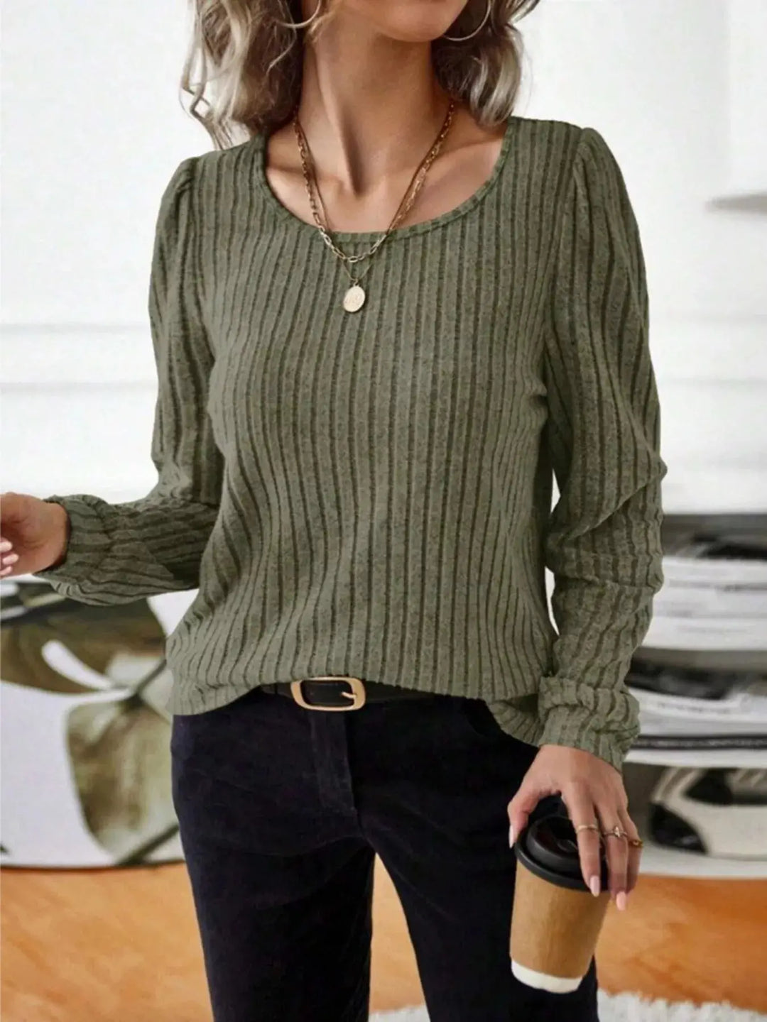Ribbed Knit Puff Shoulder Long Sleeve Top