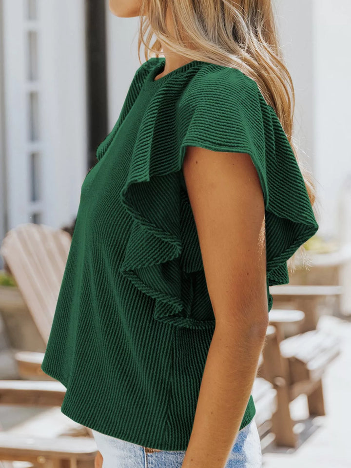 Ruffled Sleeve Ribbed Knit Tee