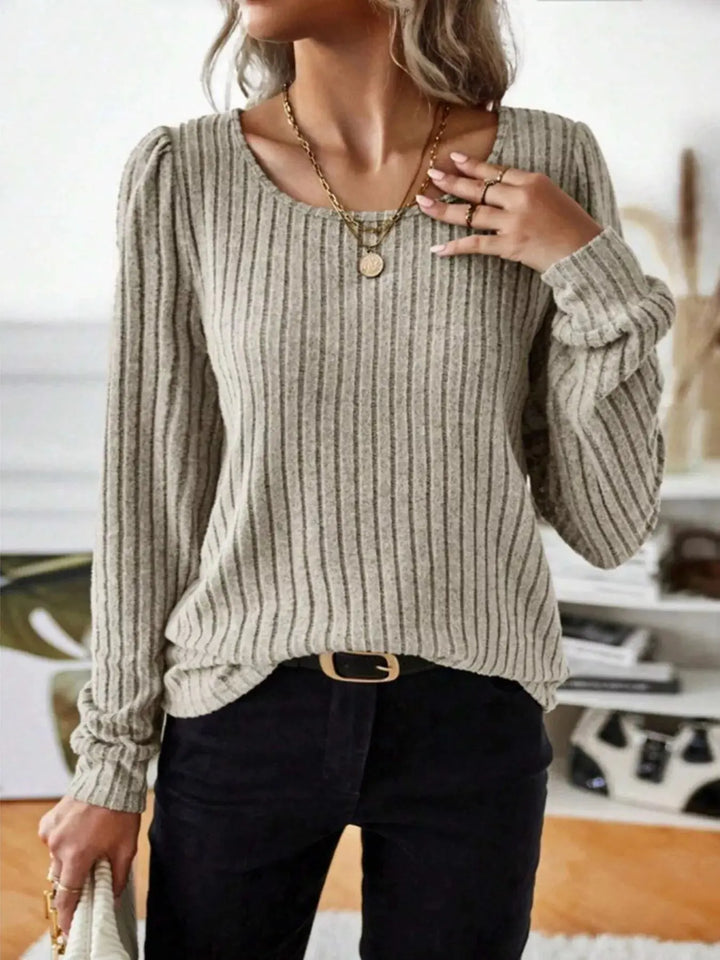 Ribbed Knit Puff Shoulder Long Sleeve Top