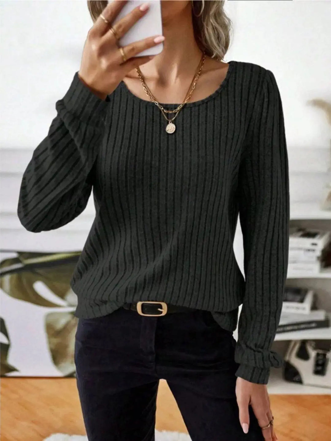 Ribbed Knit Puff Shoulder Long Sleeve Top