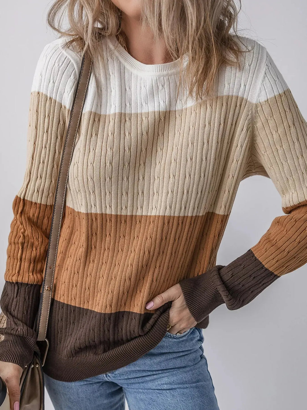 Colorblock Cable Knit Sweater | Round Neck Cozy Knit Top