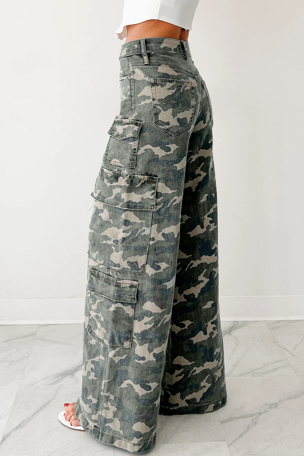 Camo Denim Cargo Wide Leg Pants