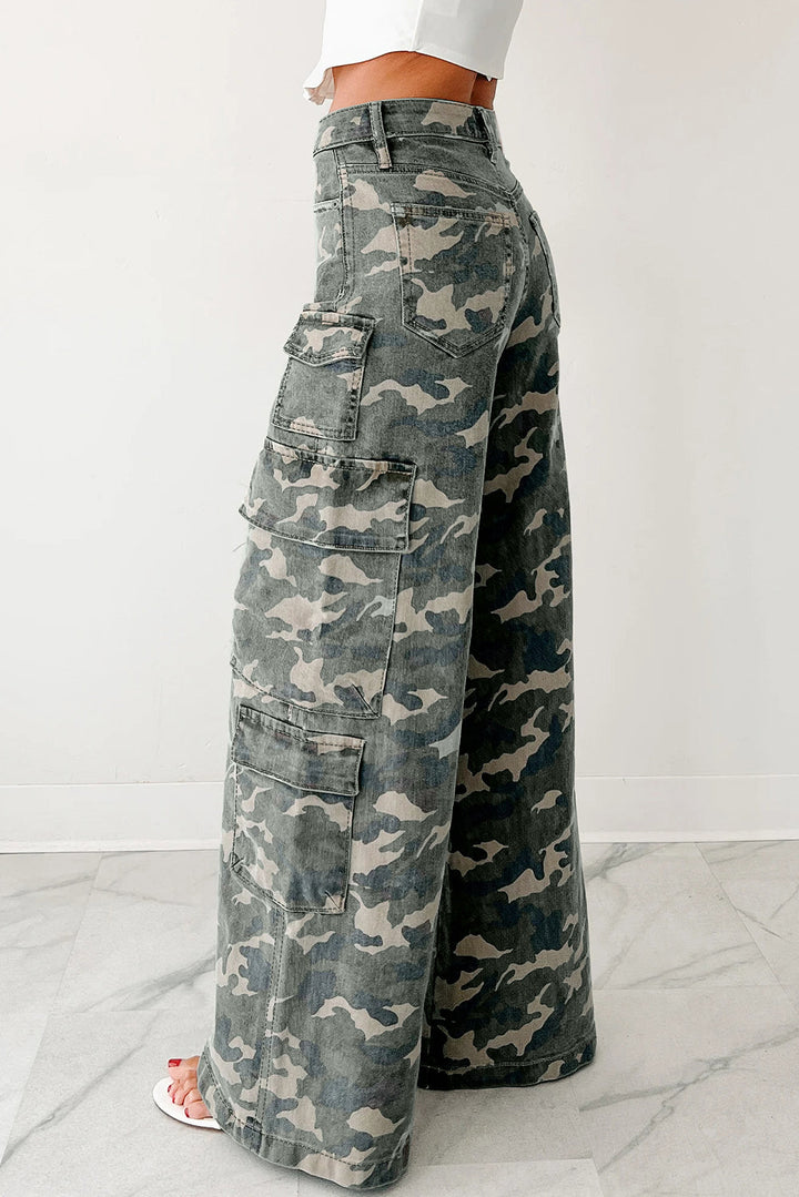 Camo Denim Cargo Wide Leg Pants