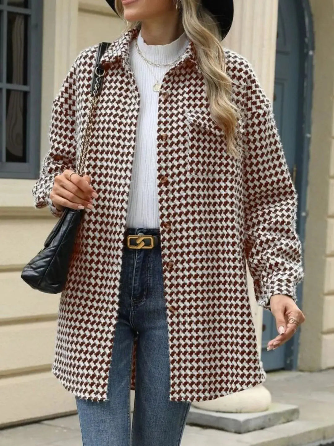 Houndstooth Longline Coat | Button-Up Long Sleeve Jacket