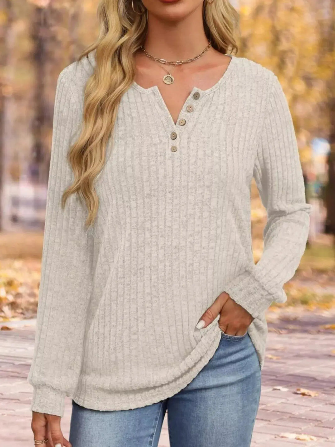 Ribbed Knit Button-Front Long Sleeve Top