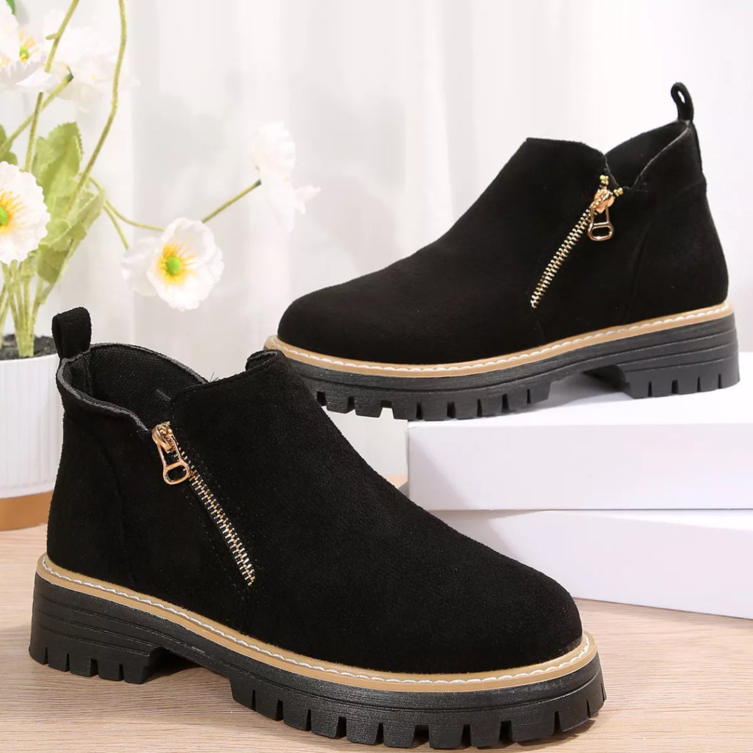 Side-Zip Suede Ankle Boots with Mid Heel