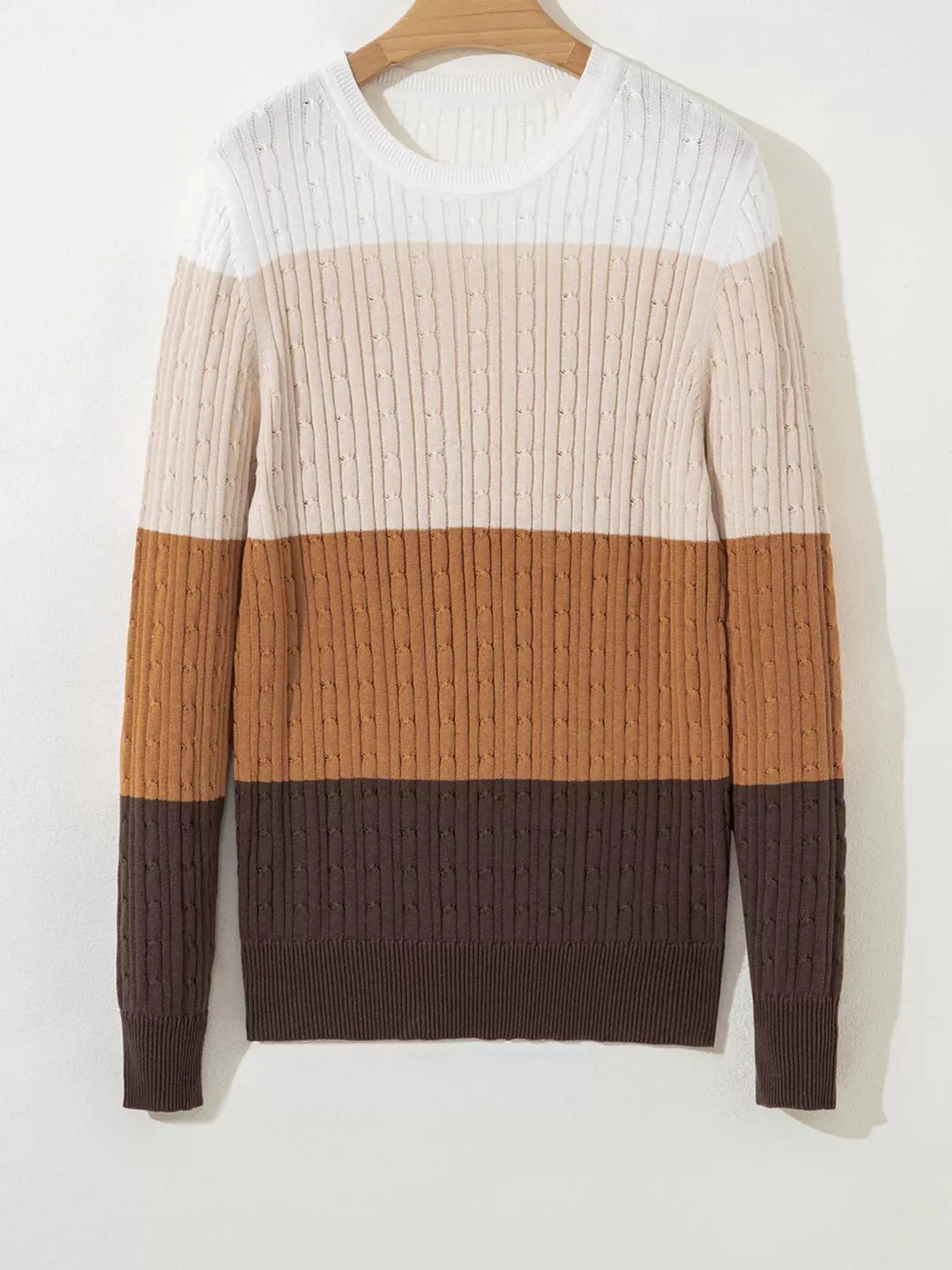 Colorblock Cable Knit Sweater | Round Neck Cozy Knit Top