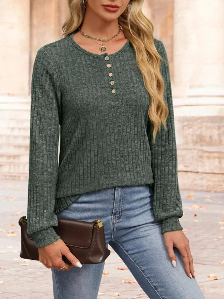 Ribbed Knit Button-Front Long Sleeve Top