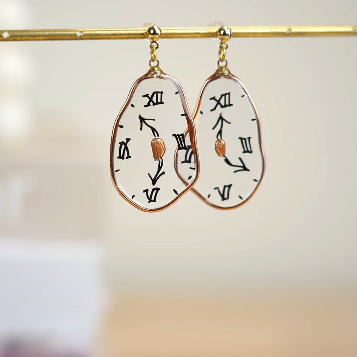 Hand-Painted Dalí Melting Clock Dangle Earrings | 925 Silver Hypoallergenic Studs