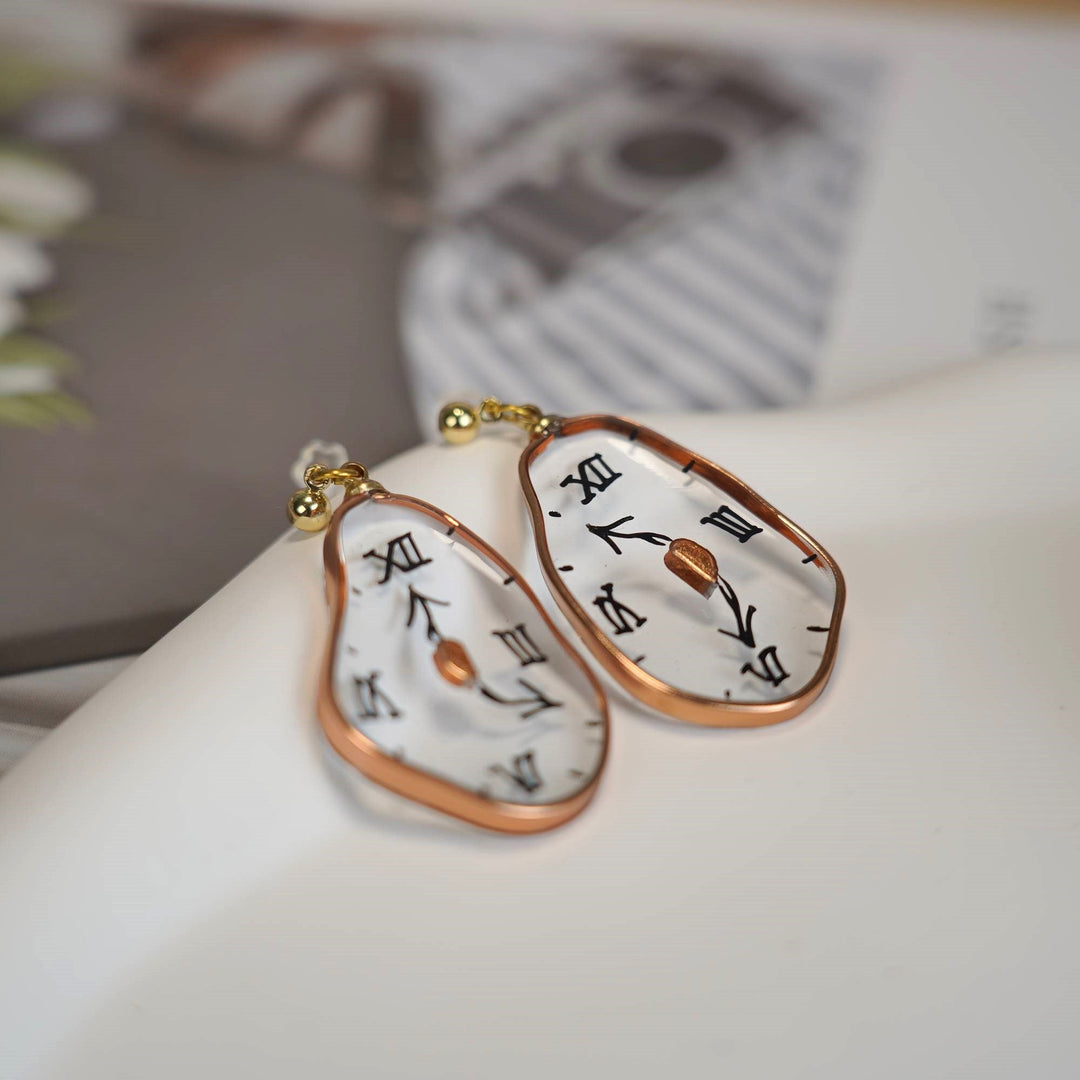 Hand-Painted Dalí Melting Clock Dangle Earrings | 925 Silver Hypoallergenic Studs
