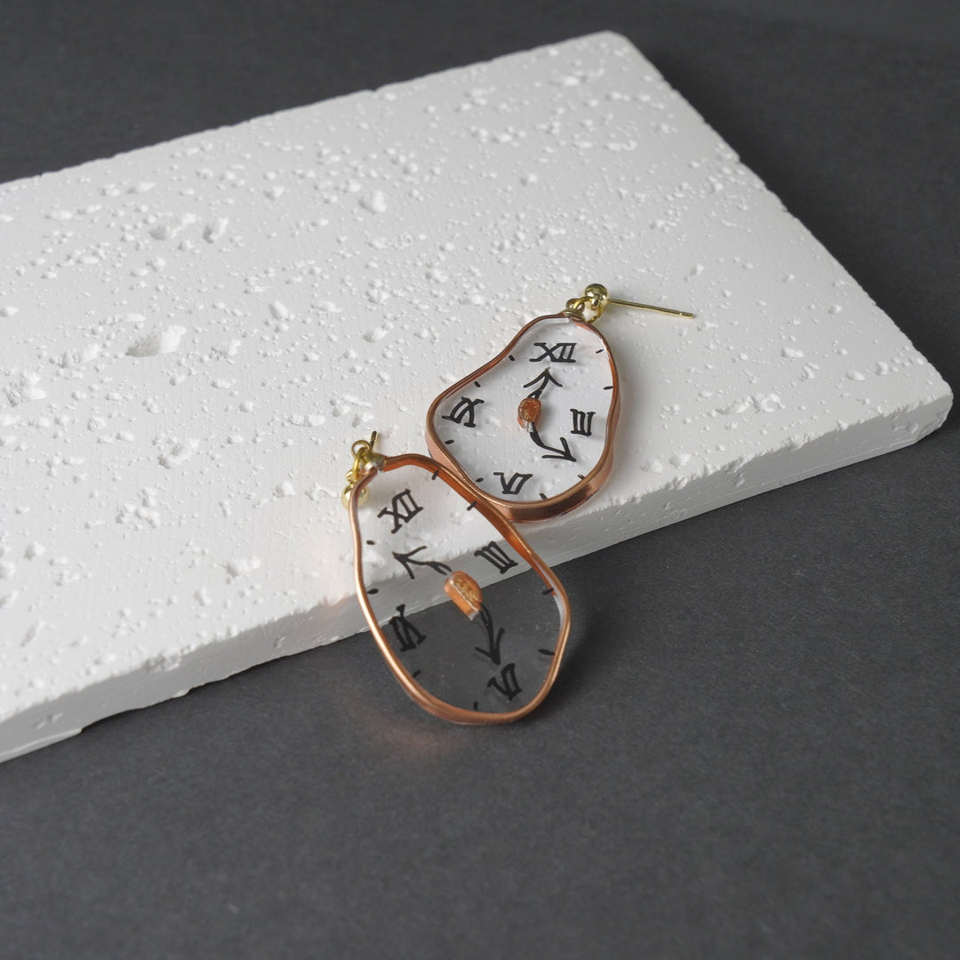 Hand-Painted Dalí Melting Clock Dangle Earrings | 925 Silver Hypoallergenic Studs