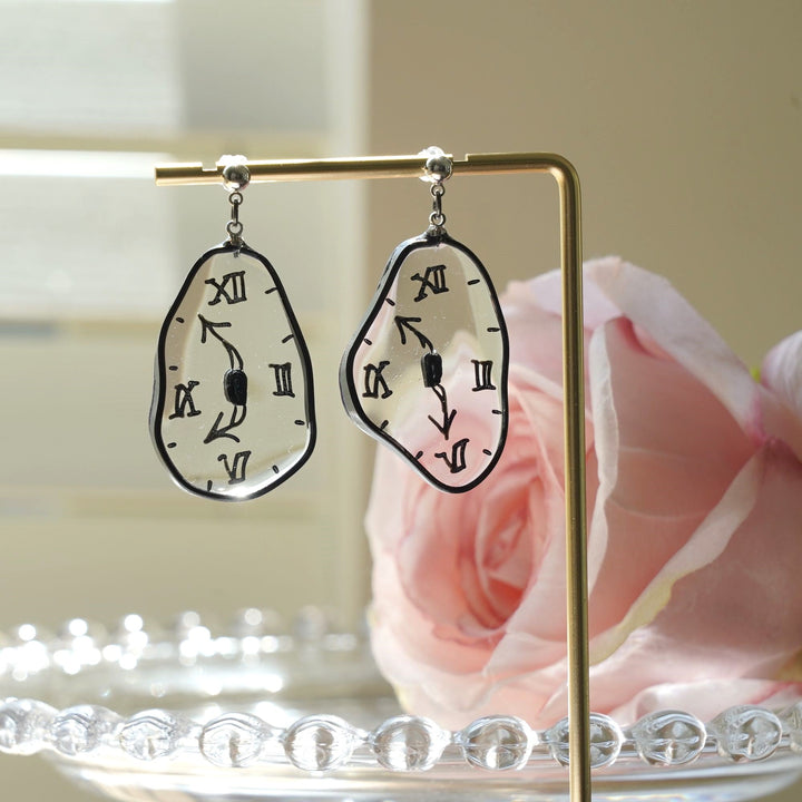 Hand-Painted Dalí Melting Clock Dangle Earrings | 925 Silver Hypoallergenic Studs