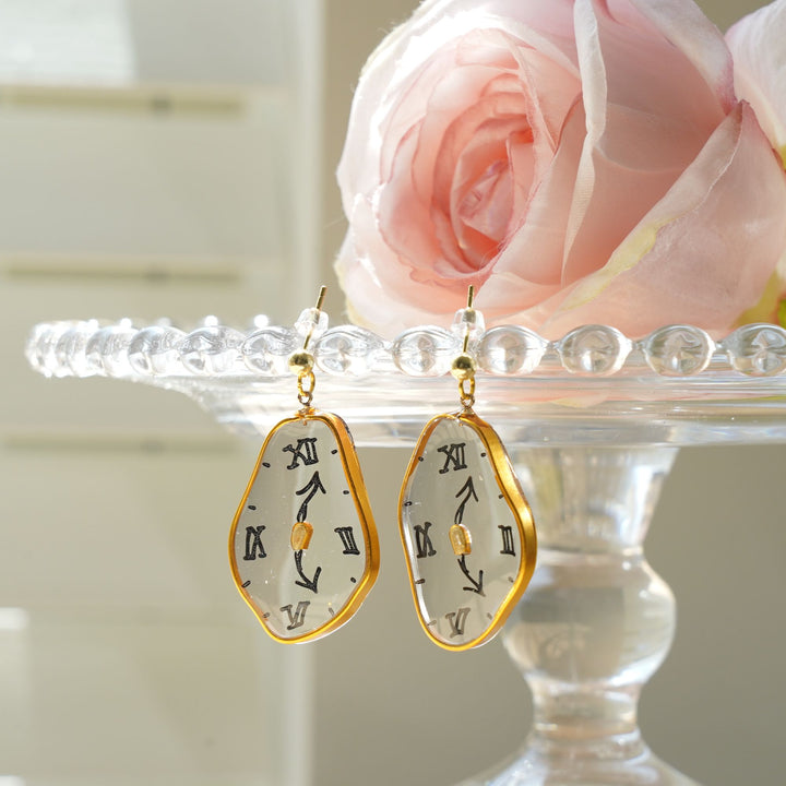 Hand-Painted Dalí Melting Clock Dangle Earrings | 925 Silver Hypoallergenic Studs