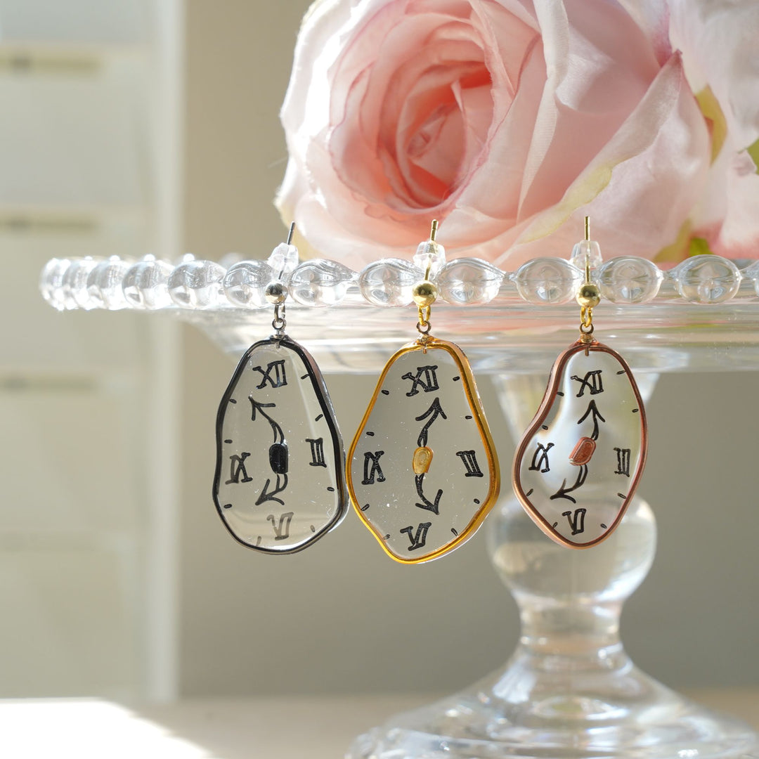 Hand-Painted Dalí Melting Clock Dangle Earrings | 925 Silver Hypoallergenic Studs