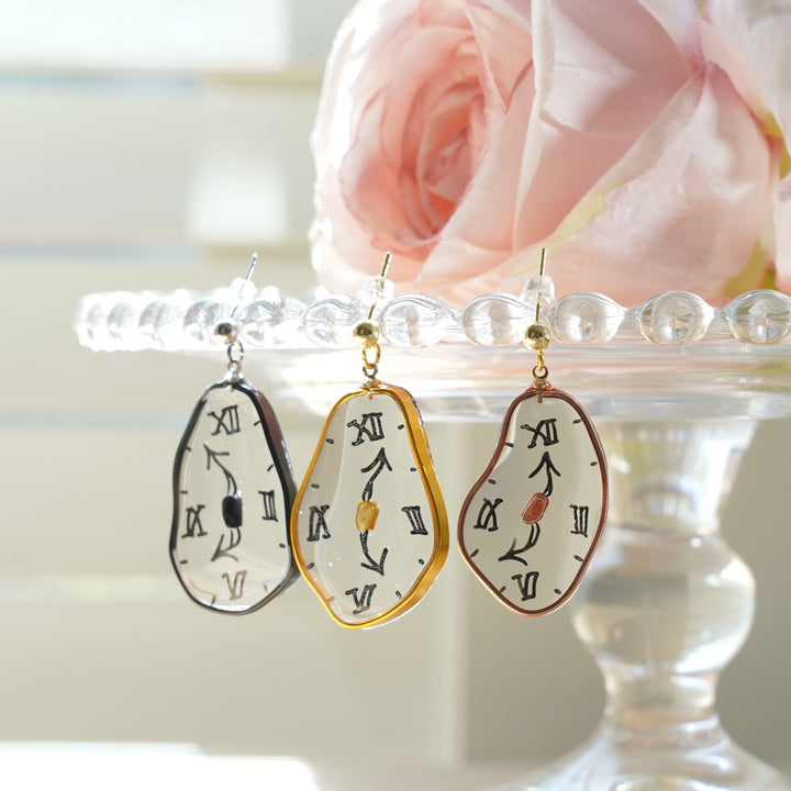Hand-Painted Dalí Melting Clock Dangle Earrings | 925 Silver Hypoallergenic Studs