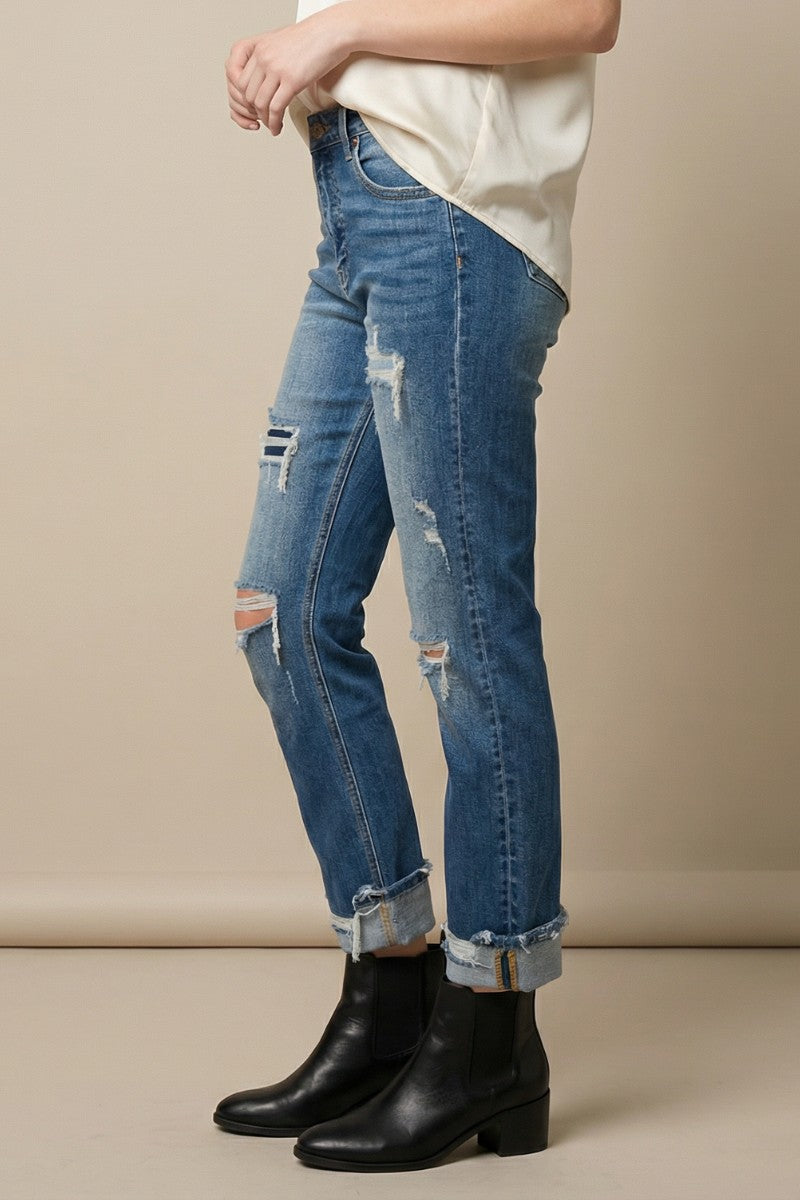 High Rise Straight Leg Tummy Control Jeans | Stone Wash Single Cuff Denim