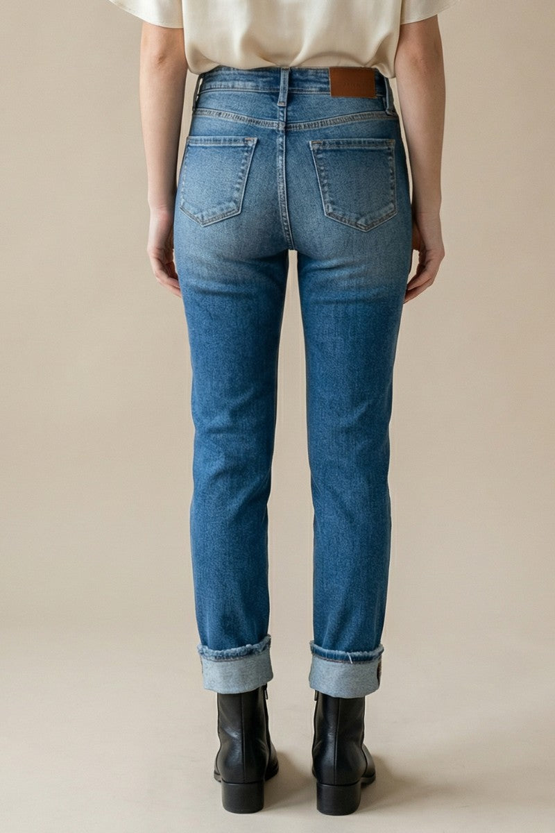 High Rise Straight Leg Tummy Control Jeans | Stone Wash Single Cuff Denim