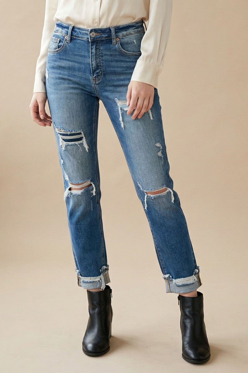 High Rise Straight Leg Tummy Control Jeans | Stone Wash Single Cuff Denim