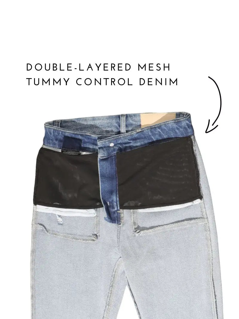 High Rise Straight Leg Tummy Control Jeans | Stone Wash Single Cuff Denim