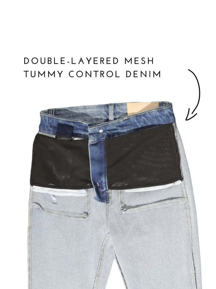 High Rise Straight Leg Tummy Control Jeans | Stone Wash Single Cuff Denim