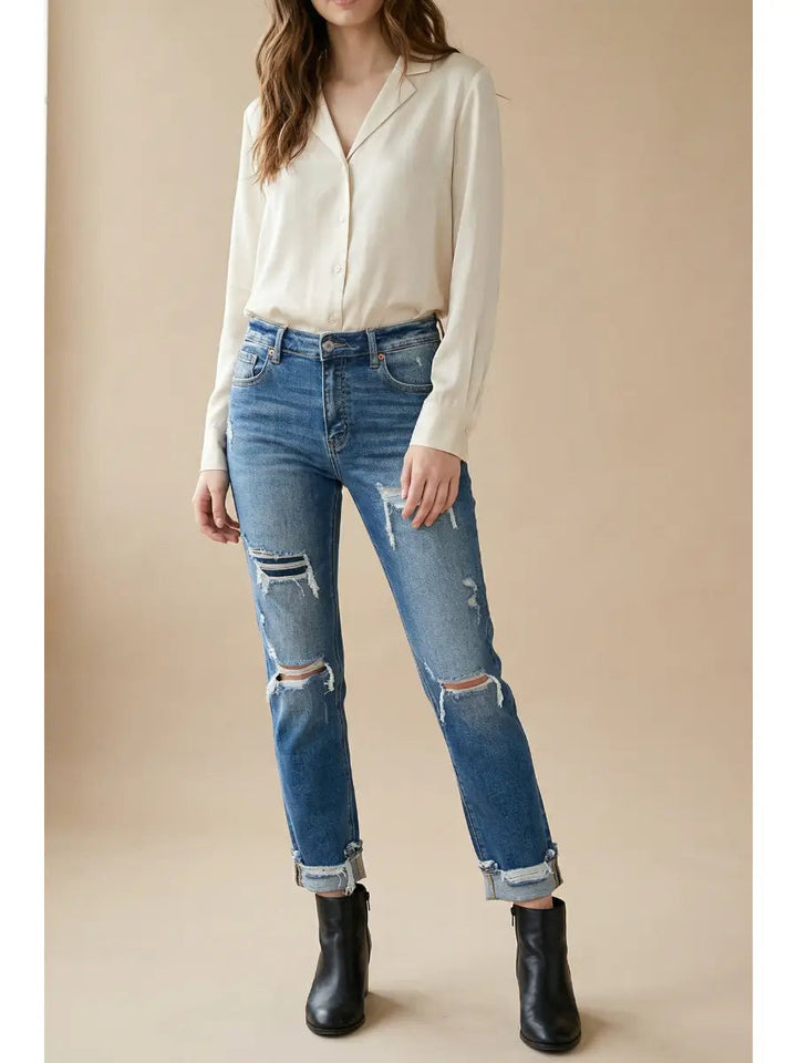 High Rise Straight Leg Tummy Control Jeans | Stone Wash Single Cuff Denim