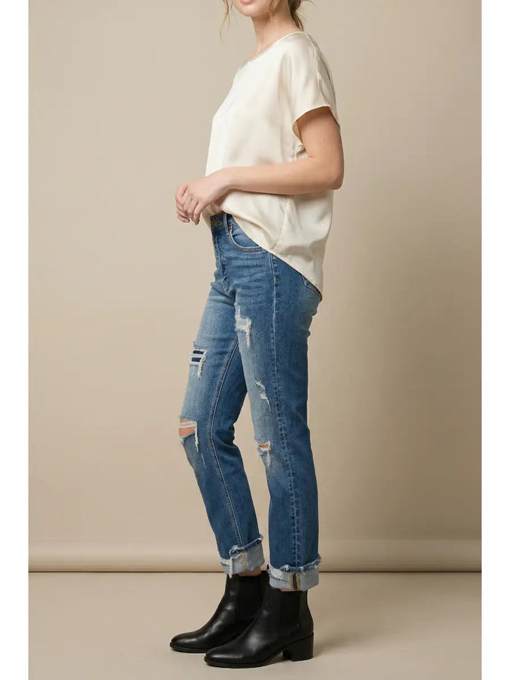 High Rise Straight Leg Tummy Control Jeans | Stone Wash Single Cuff Denim