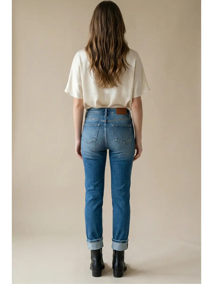 High Rise Straight Leg Tummy Control Jeans | Stone Wash Single Cuff Denim
