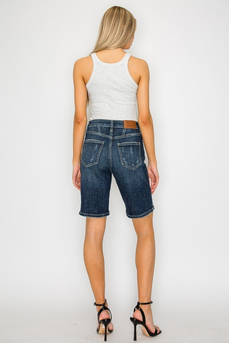 Celeste High Rise Bermuda Denim Shorts | Dark Stone Wash Crosshatch Jean