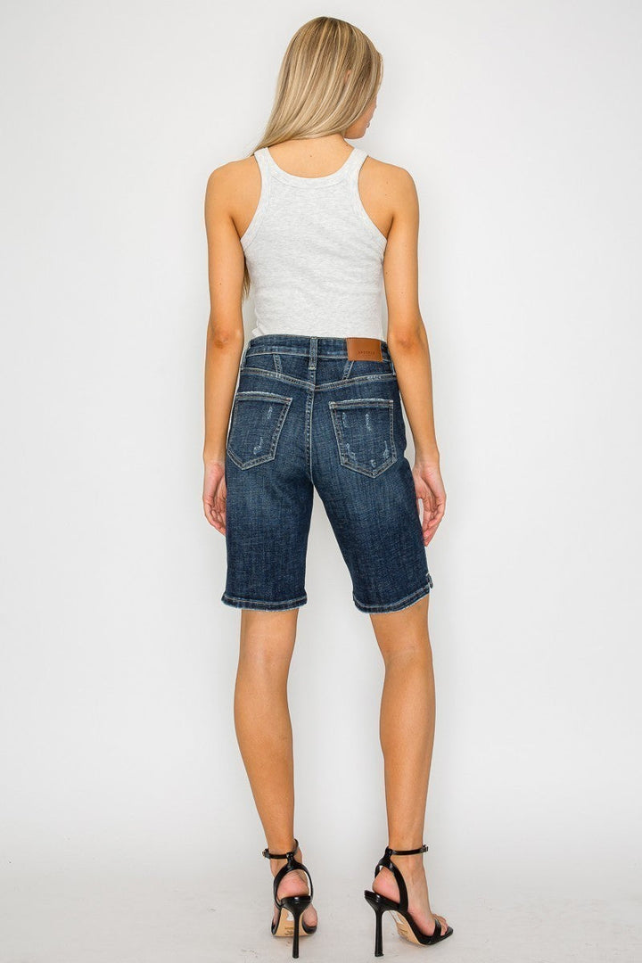 Celeste High Rise Bermuda Denim Shorts | Dark Stone Wash Crosshatch Jean
