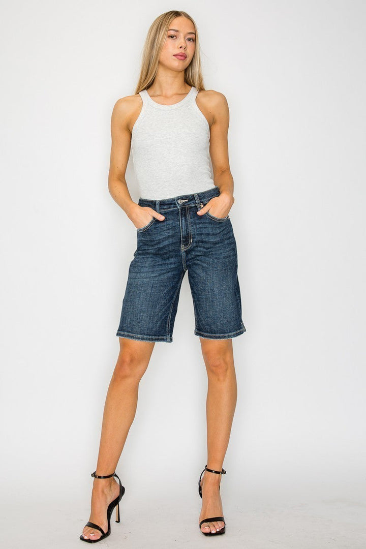 Celeste High Rise Bermuda Denim Shorts | Dark Stone Wash Crosshatch Jean