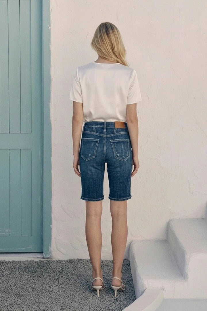 Celeste High Rise Bermuda Denim Shorts | Dark Stone Wash Crosshatch Jean