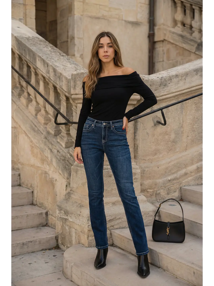 Stevie High-Rise Tummy Control Slim Flare Jeans – Dark Wash