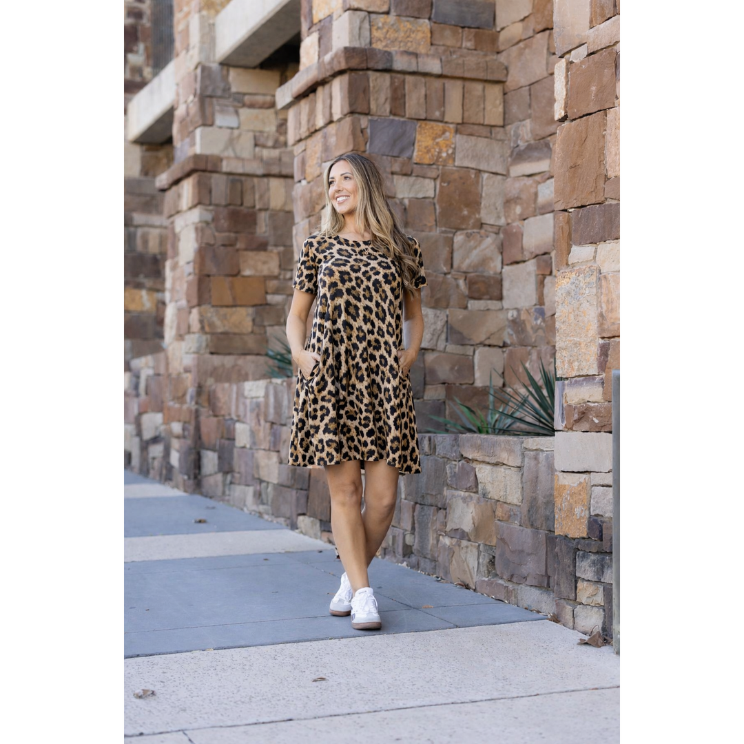 Cassidy Leopard Print Swing Dress | Flowy Short Sleeve Women&