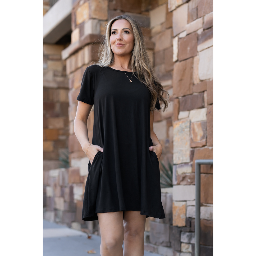 Iris Black Swing Dress | Flowy Short Sleeve Women&