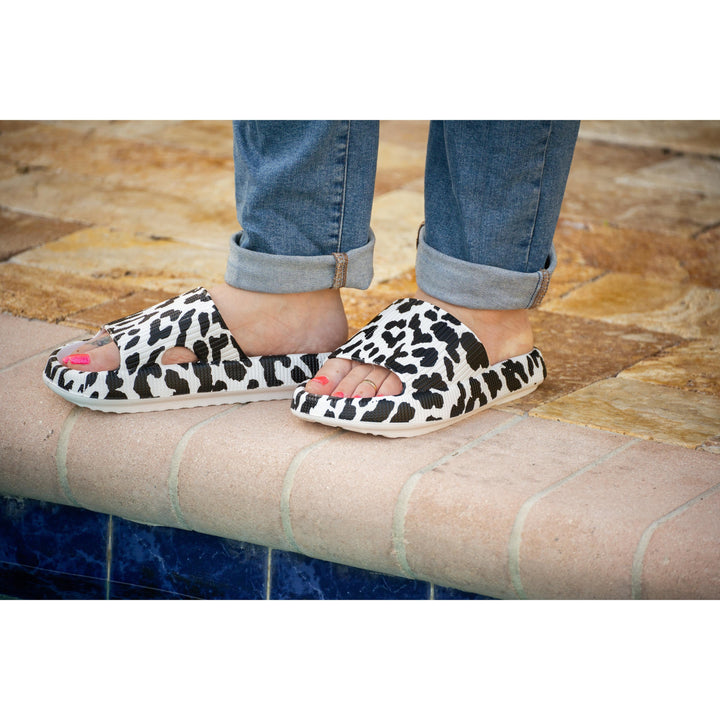White Leopard Slides